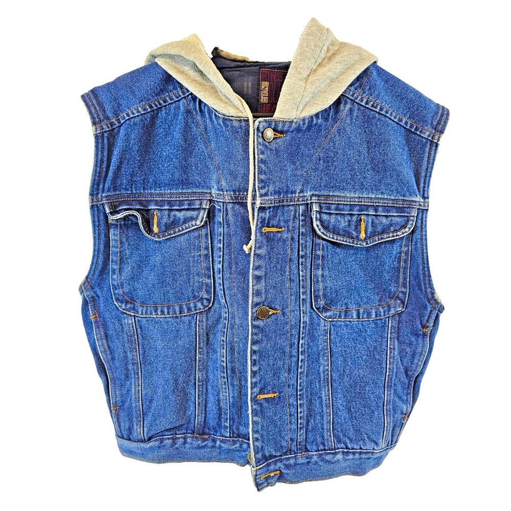 Gitano Men's Hooded Denim Vest Blue/Gray Button Closure Classic Size L